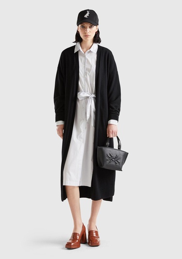  Kadın Siyah Yün Karışımlı Belden Bağlamalı Hırka