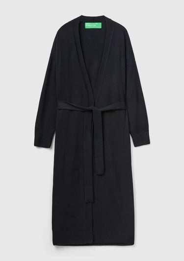  Kadın Siyah Yün Karışımlı Belden Bağlamalı Hırka