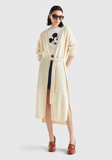  Kadın Bej Yün Karışımlı Belden Bağlamalı Hırka