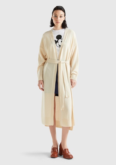  Kadın Bej Yün Karışımlı Belden Bağlamalı Hırka