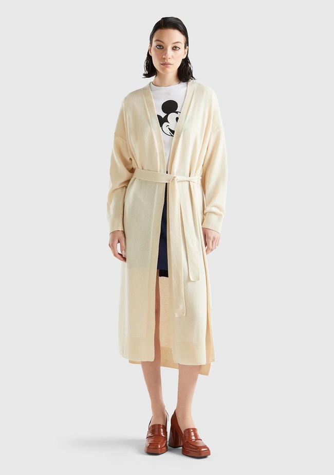  Kadın Bej Yün Karışımlı Belden Bağlamalı Hırka