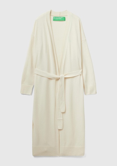  Kadın Bej Yün Karışımlı Belden Bağlamalı Hırka