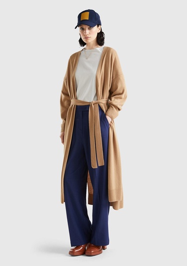  Kadın Taba Yün Karışımlı Belden Bağlamalı Hırka