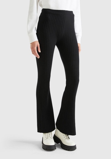  Kadın Siyah Yün Karışımlı Regular Fit Triko Pantolon