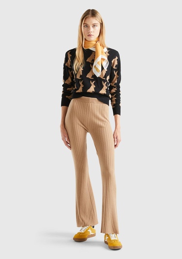  Kadın Taba Yün Karışımlı Regular Fit Triko Pantolon