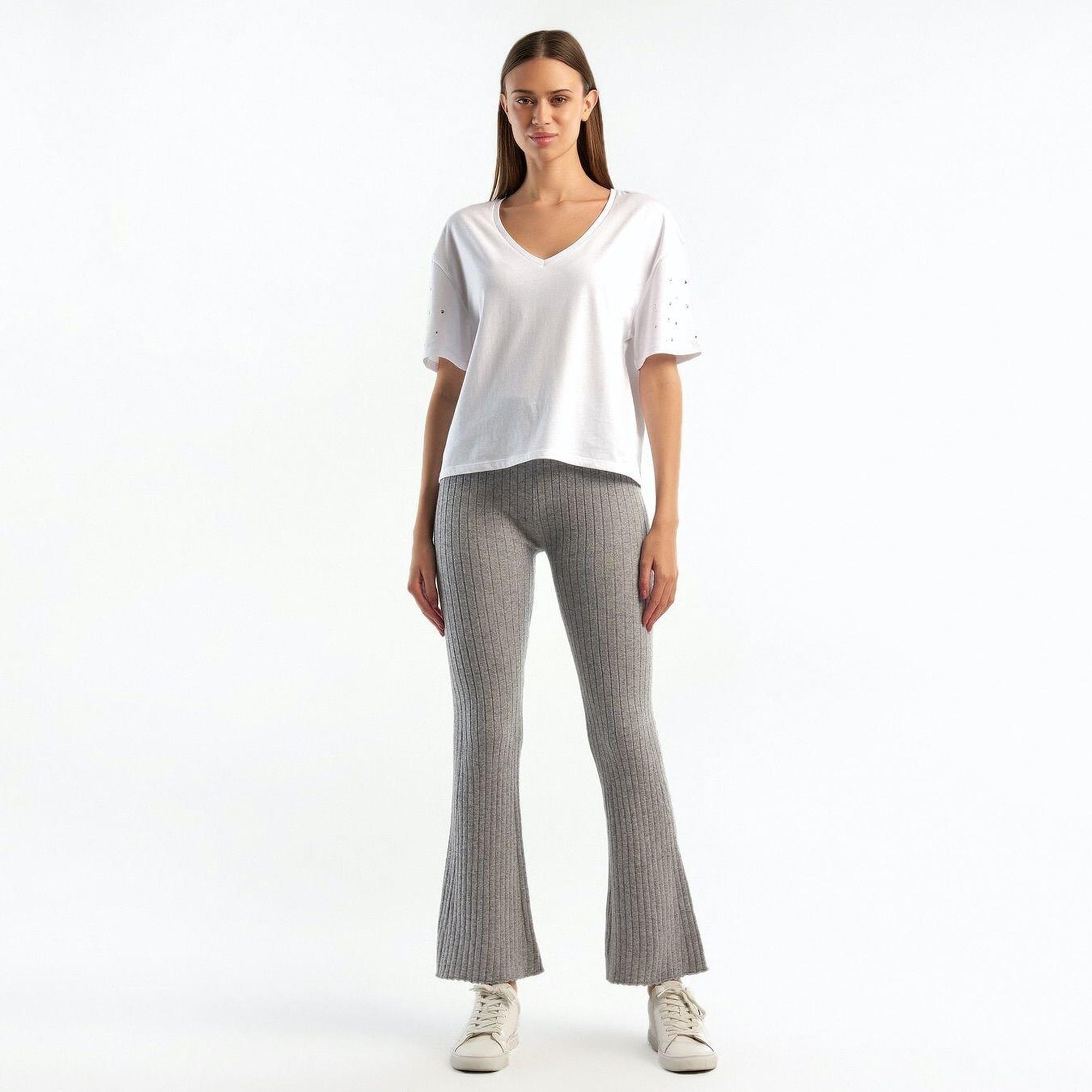 Kadın Gri Melanj Yün Karışımlı Regular Fit Triko Pantolon