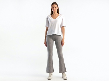  Kadın Gri Melanj Yün Karışımlı Regular Fit Triko Pantolon