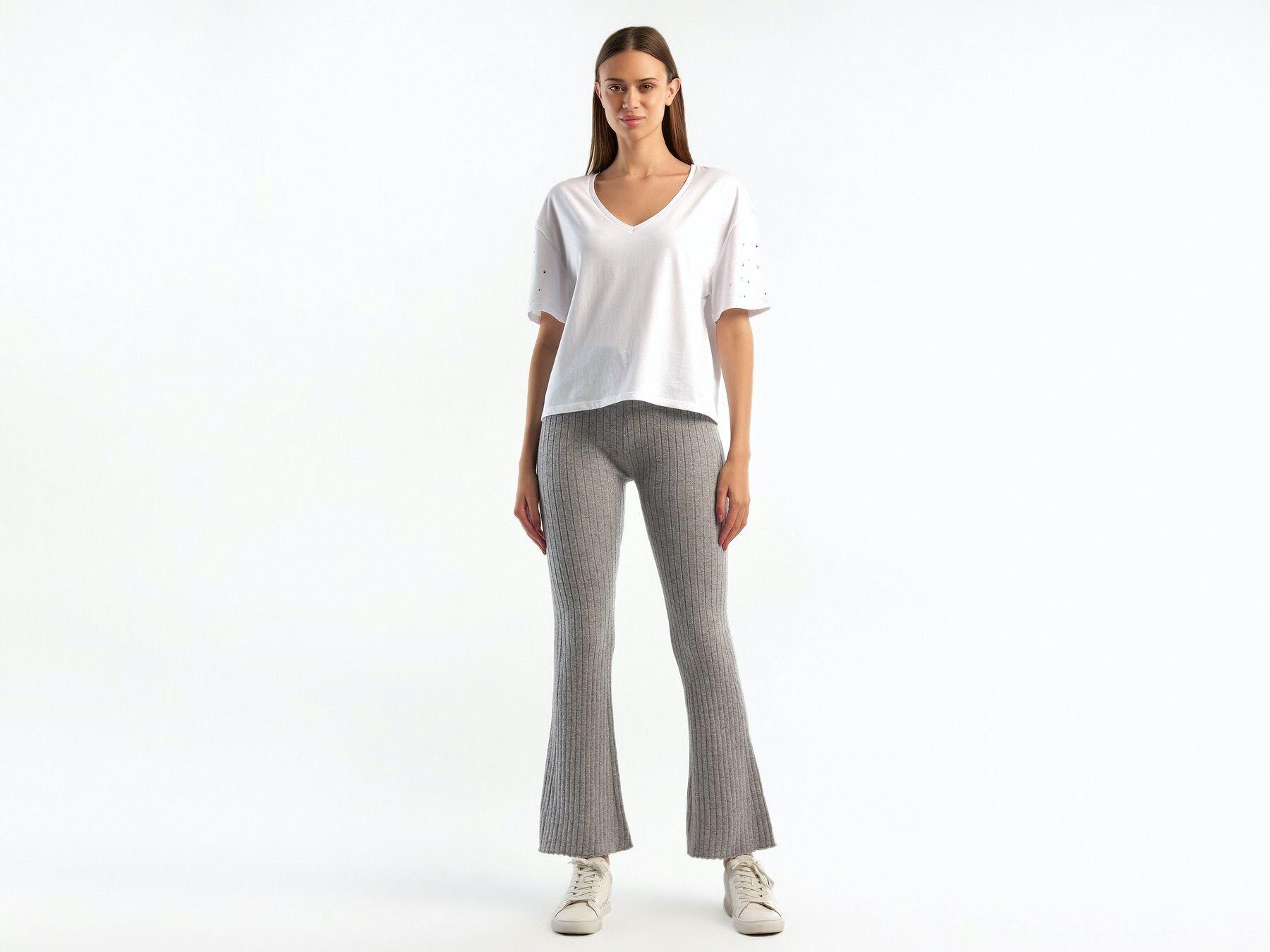  Kadın Gri Melanj Yün Karışımlı Regular Fit Triko Pantolon