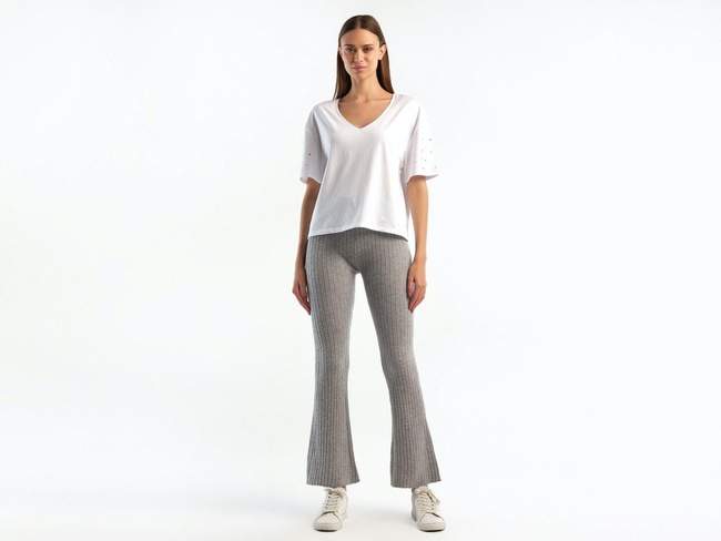  Kadın Gri Melanj Yün Karışımlı Regular Fit Triko Pantolon