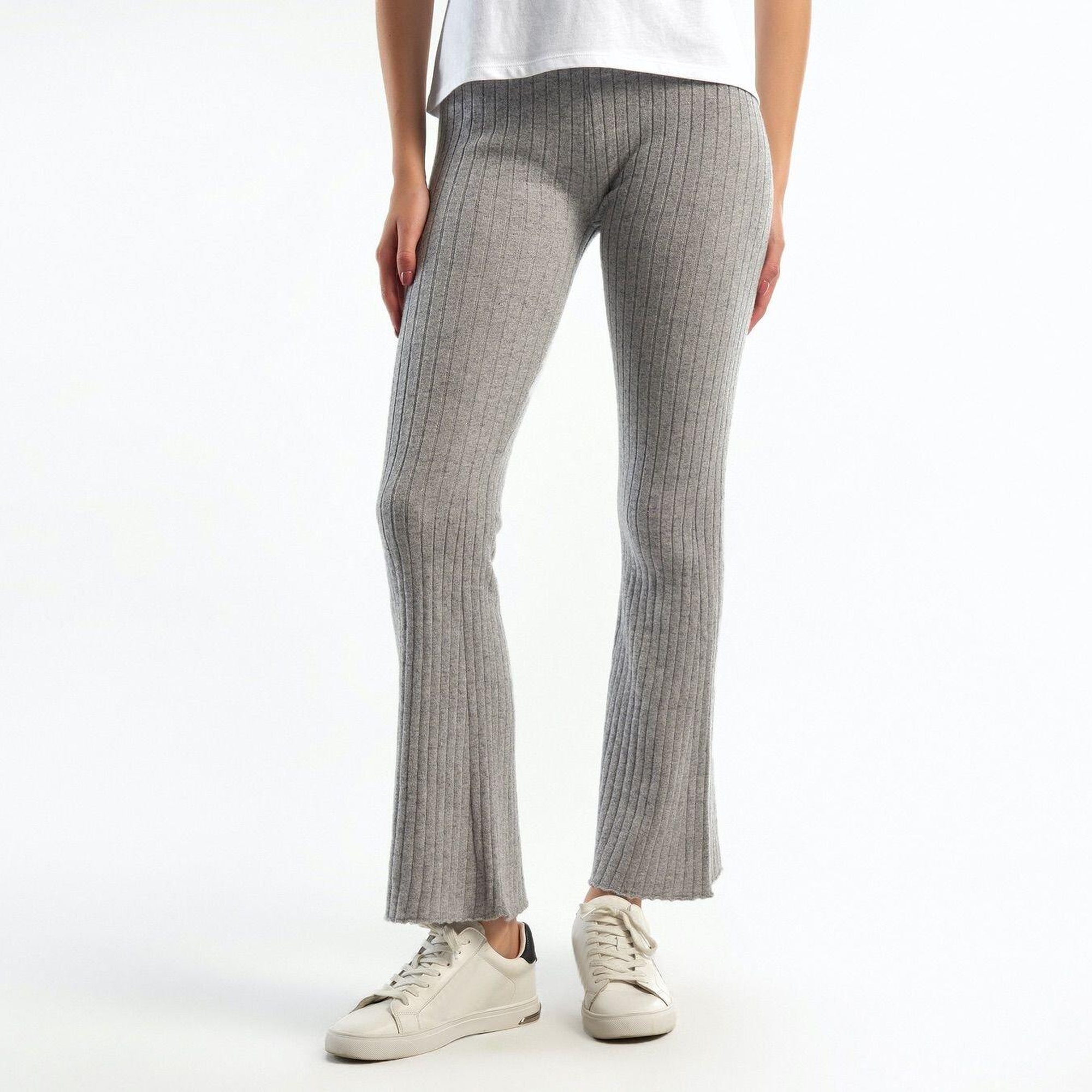 Kadın Gri Melanj Yün Karışımlı Regular Fit Triko Pantolon