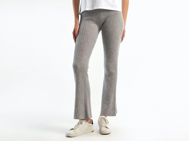  Kadın Gri Melanj Yün Karışımlı Regular Fit Triko Pantolon