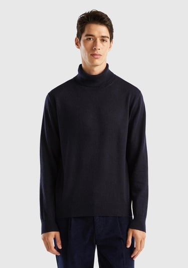  Erkek Lacivert %100 Kaşmir Dik Yaka Kazak