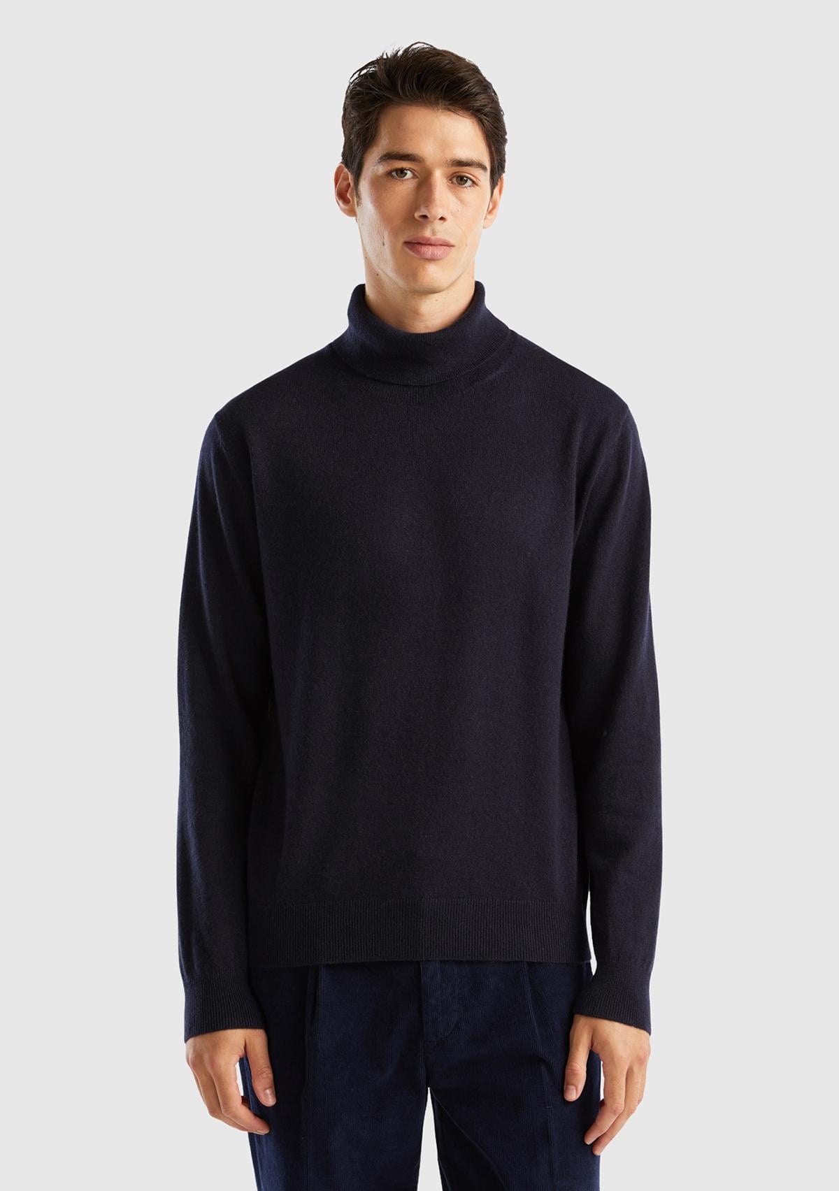  Erkek Lacivert %100 Kaşmir Dik Yaka Kazak