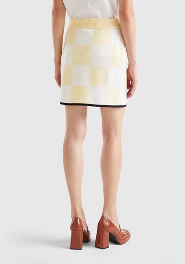  Kadın Açık Sarı %100 Koton Dama Desenli Mini Triko Etek