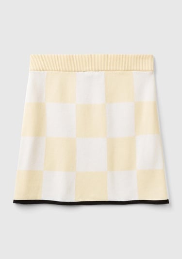  Kadın Açık Sarı %100 Koton Dama Desenli Mini Triko Etek
