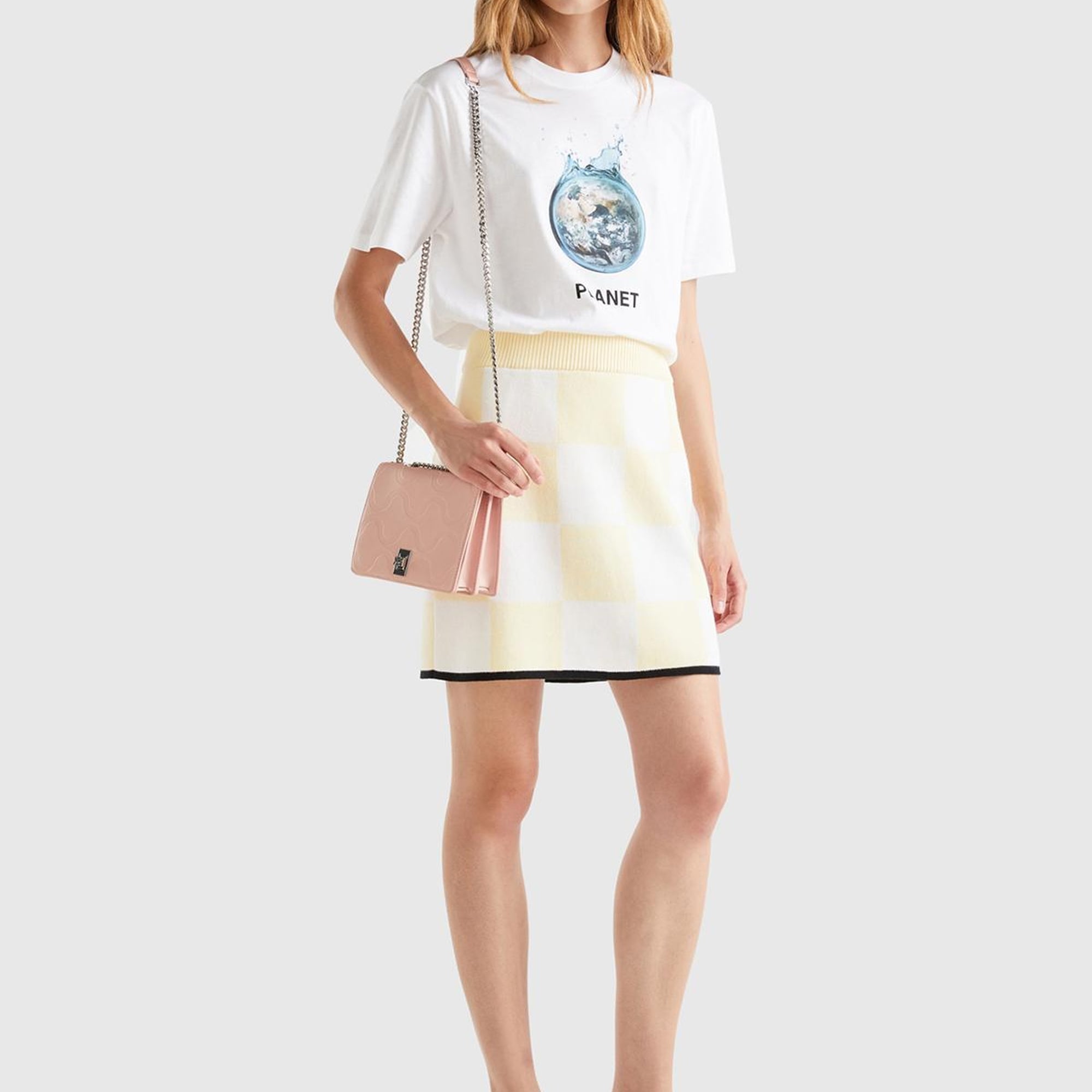 Kadın Açık Sarı %100 Koton Dama Desenli Mini Triko Etek