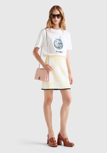  Kadın Açık Sarı %100 Koton Dama Desenli Mini Triko Etek