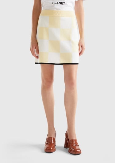  Kadın Açık Sarı %100 Koton Dama Desenli Mini Triko Etek