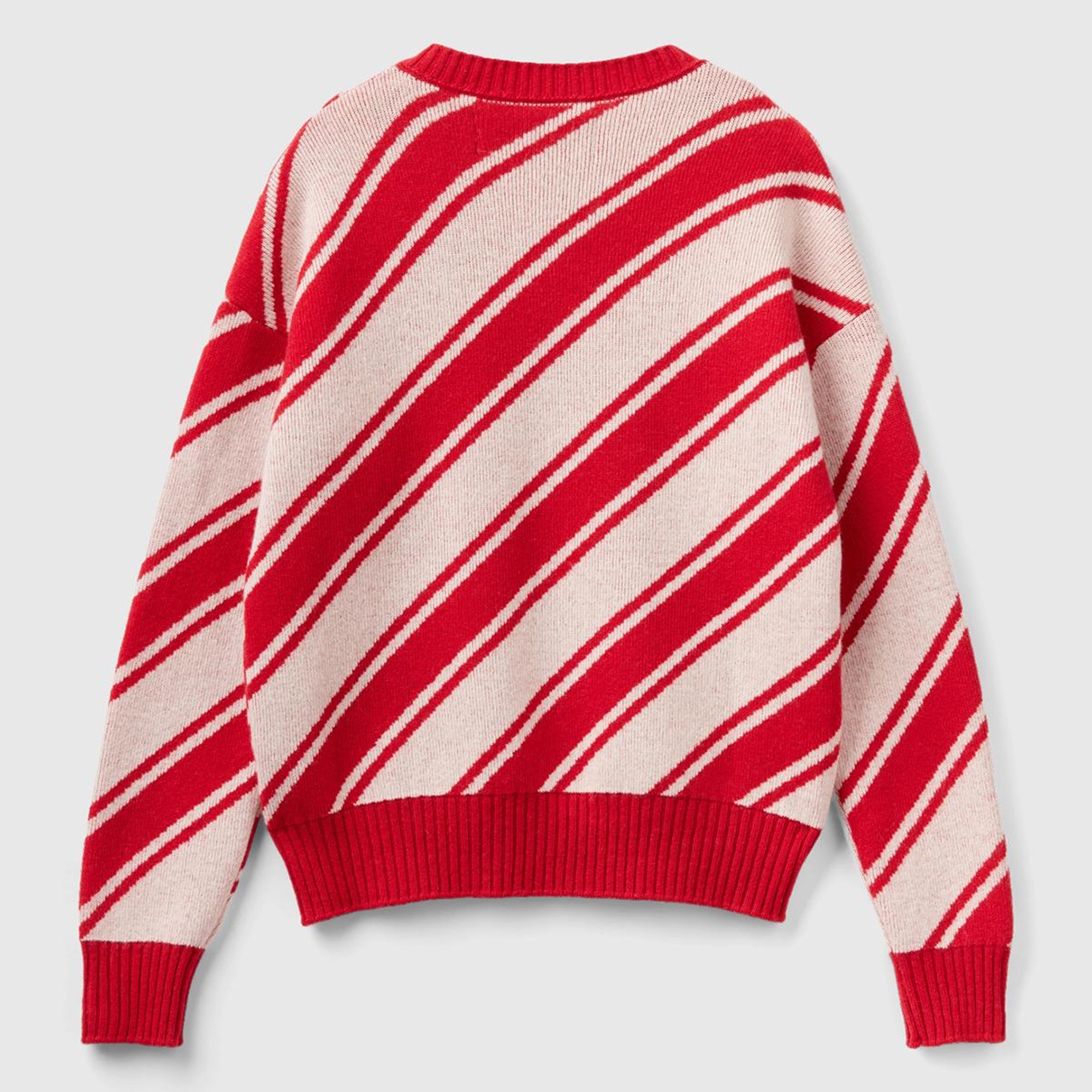 Kadın Kırmızı Yün Karışımlı Çapraz Çizgili Kazak