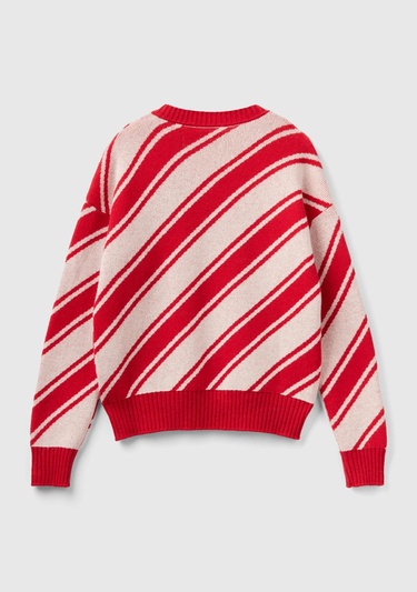  Kadın Kırmızı Yün Karışımlı Çapraz Çizgili Kazak