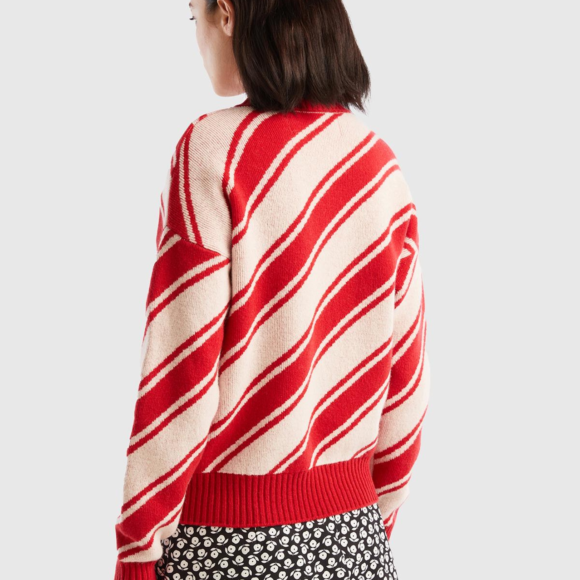 Kadın Kırmızı Yün Karışımlı Çapraz Çizgili Kazak