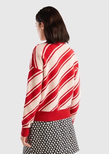  Kadın Kırmızı Yün Karışımlı Çapraz Çizgili Kazak