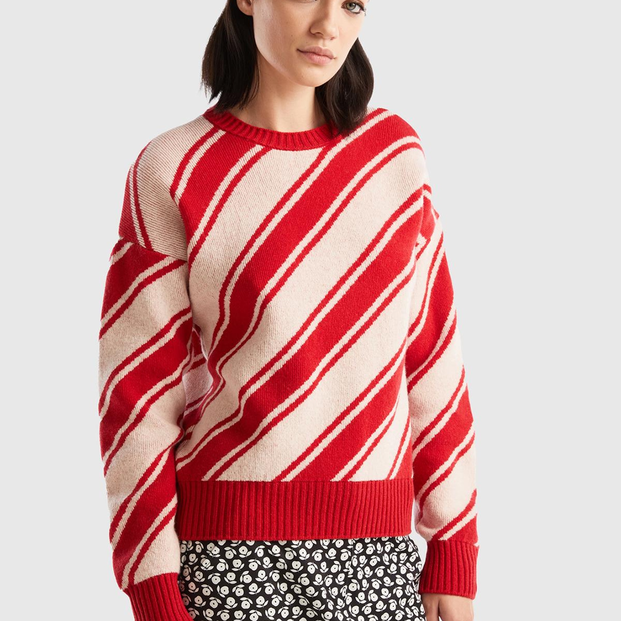 Kadın Kırmızı Yün Karışımlı Çapraz Çizgili Kazak