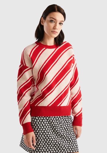  Kadın Kırmızı Yün Karışımlı Çapraz Çizgili Kazak