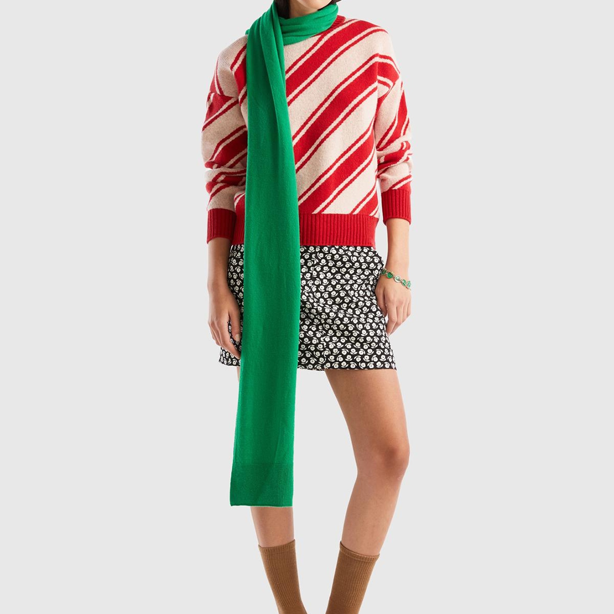 Kadın Kırmızı Yün Karışımlı Çapraz Çizgili Kazak