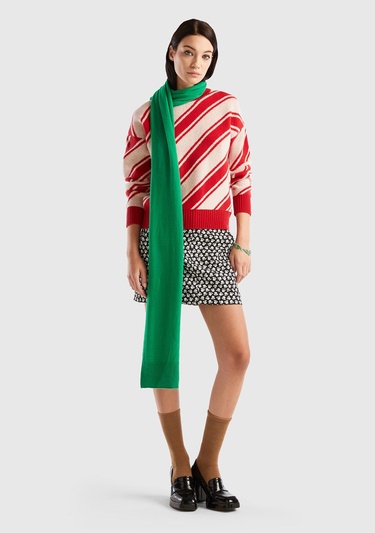  Kadın Kırmızı Yün Karışımlı Çapraz Çizgili Kazak