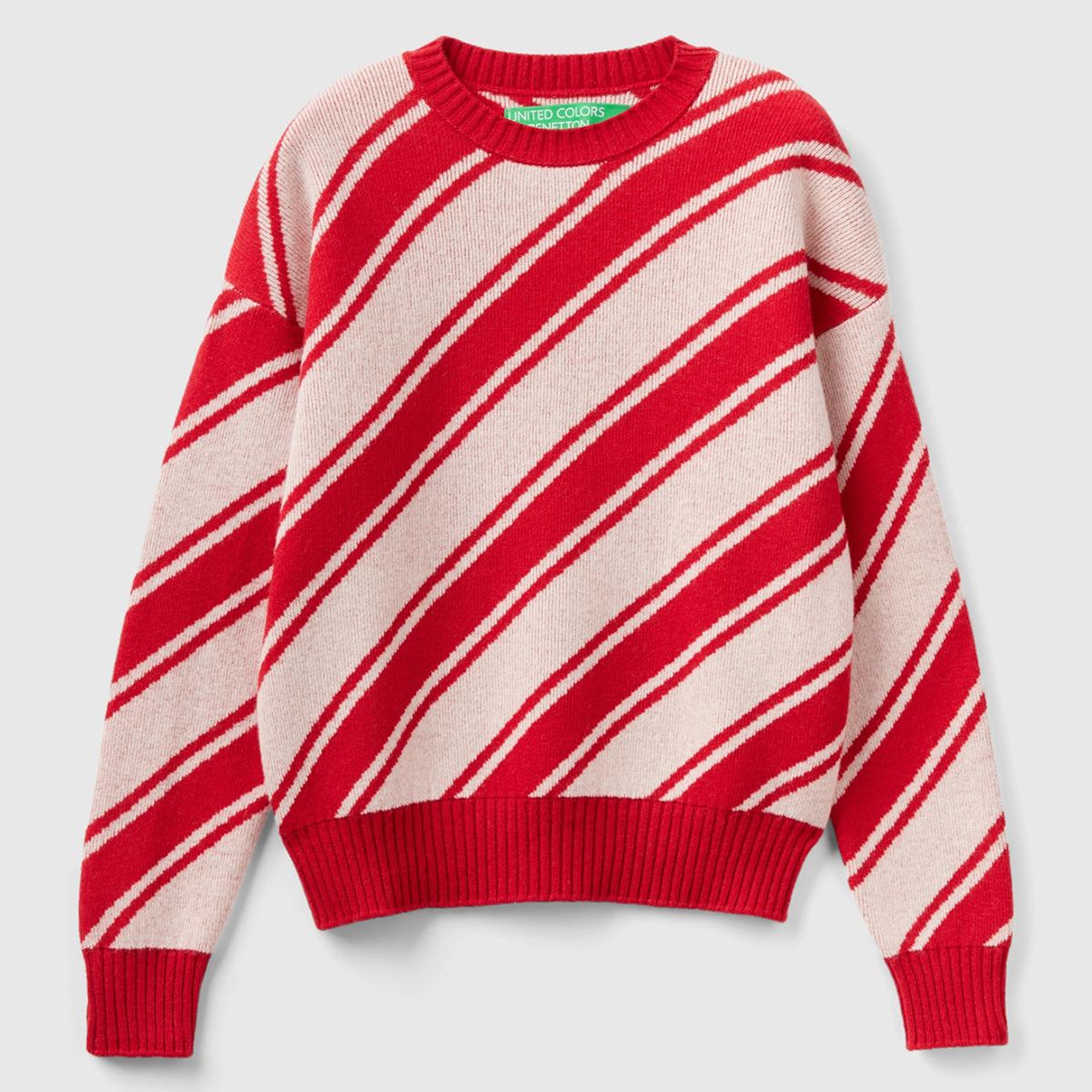 Kadın Kırmızı Yün Karışımlı Çapraz Çizgili Kazak