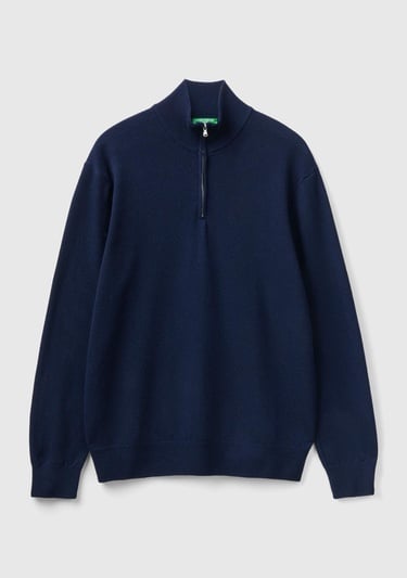  Erkek Lacivert %100 Merino Yarım Fermuarlı Yakalı Kazak