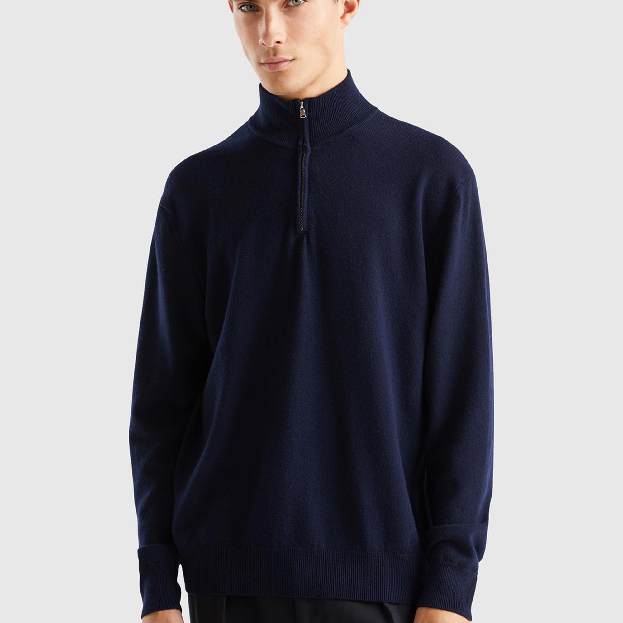 Erkek Lacivert %100 Merino Yarım Fermuarlı Yakalı Kazak