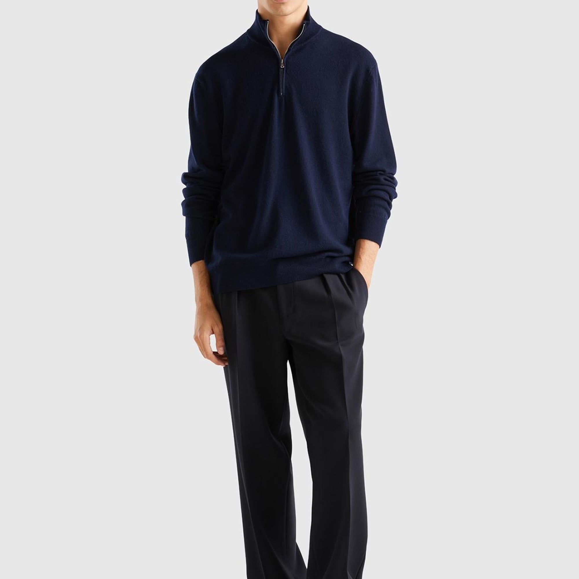 Erkek Lacivert %100 Merino Yarım Fermuarlı Yakalı Kazak