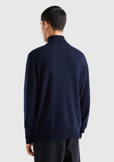  Erkek Lacivert %100 Merino Yarım Fermuarlı Yakalı Kazak