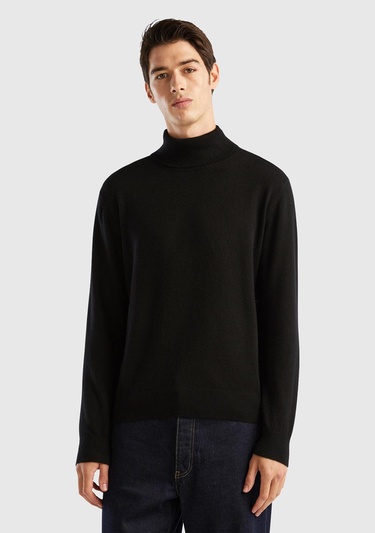  Erkek Siyah %100 Kaşmir Dik Yaka Kazak