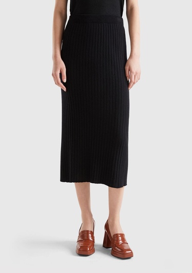  Kadın Siyah Yün Karışımlı Uzun Etek
