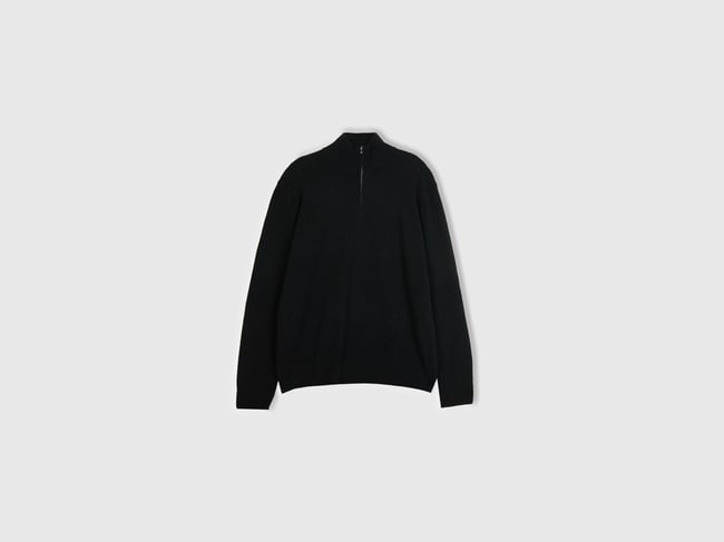  Erkek Siyah %100 Merino Yarım Fermuarlı Yakalı Kazak