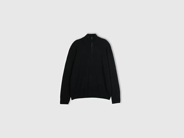  Erkek Siyah %100 Merino Yarım Fermuarlı Yakalı Kazak