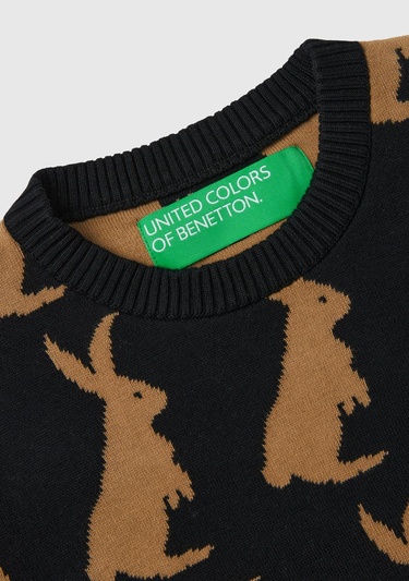  Kadın Kırmızı %100 Koton Tavşan Desenli Kazak