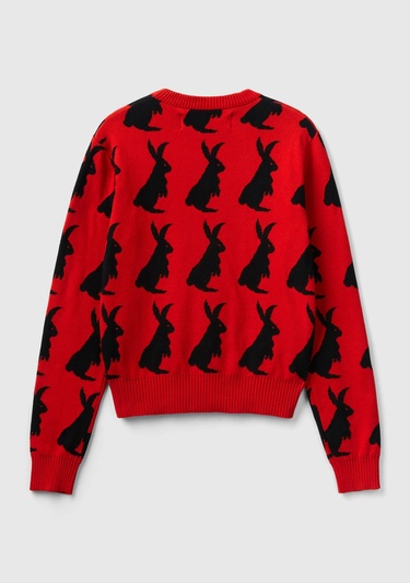  Kadın Kırmızı %100 Koton Tavşan Desenli Kazak
