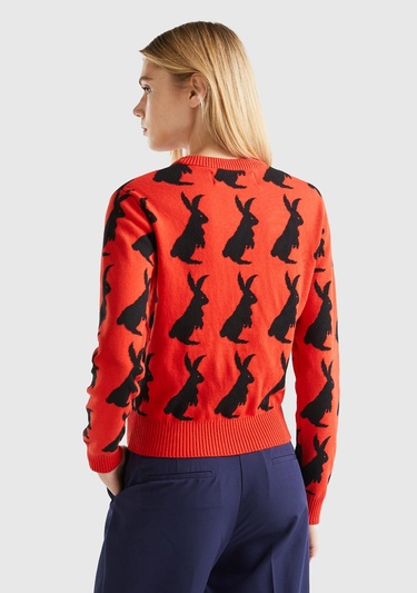  Kadın Kırmızı %100 Koton Tavşan Desenli Kazak