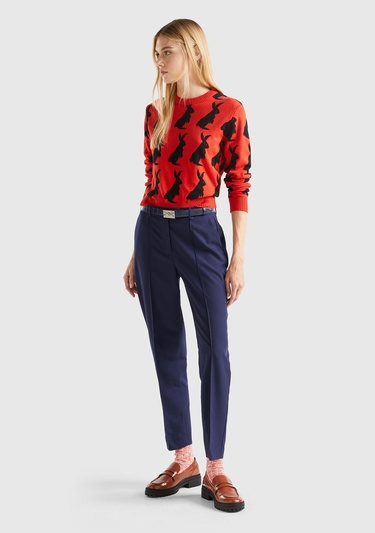  Kadın Kırmızı %100 Koton Tavşan Desenli Kazak