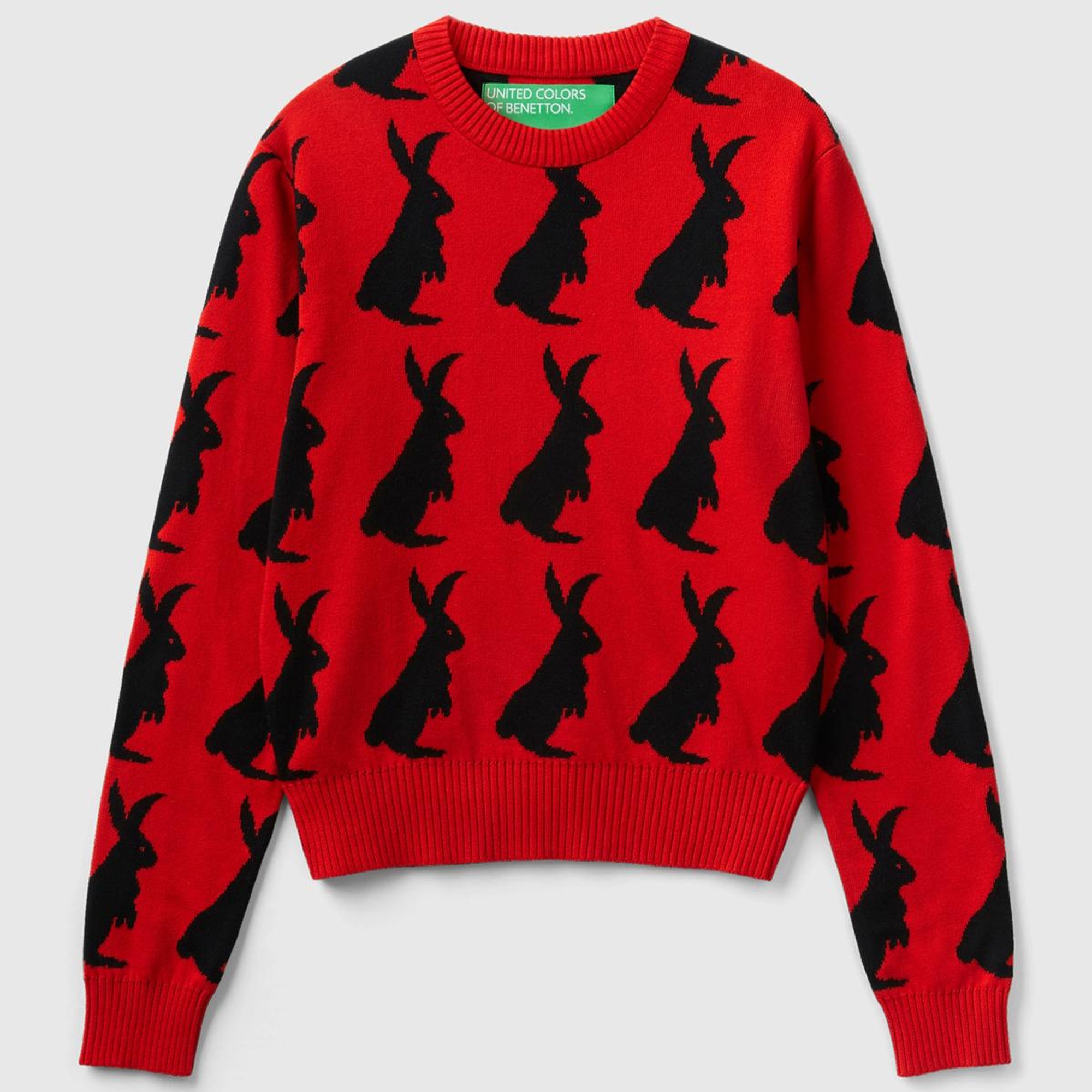 Kadın Kırmızı %100 Koton Tavşan Desenli Kazak