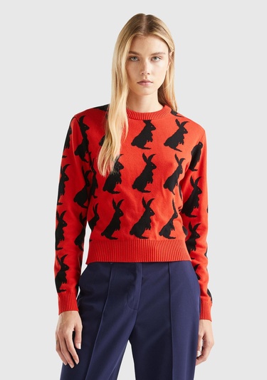  Kadın Kırmızı %100 Koton Tavşan Desenli Kazak