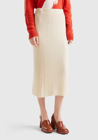  Kadın Bej Yün Karışımlı Uzun Etek