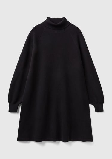  Kadın Siyah Koton Karışımlı Balıkçı Yaka Diz Midi Elbise