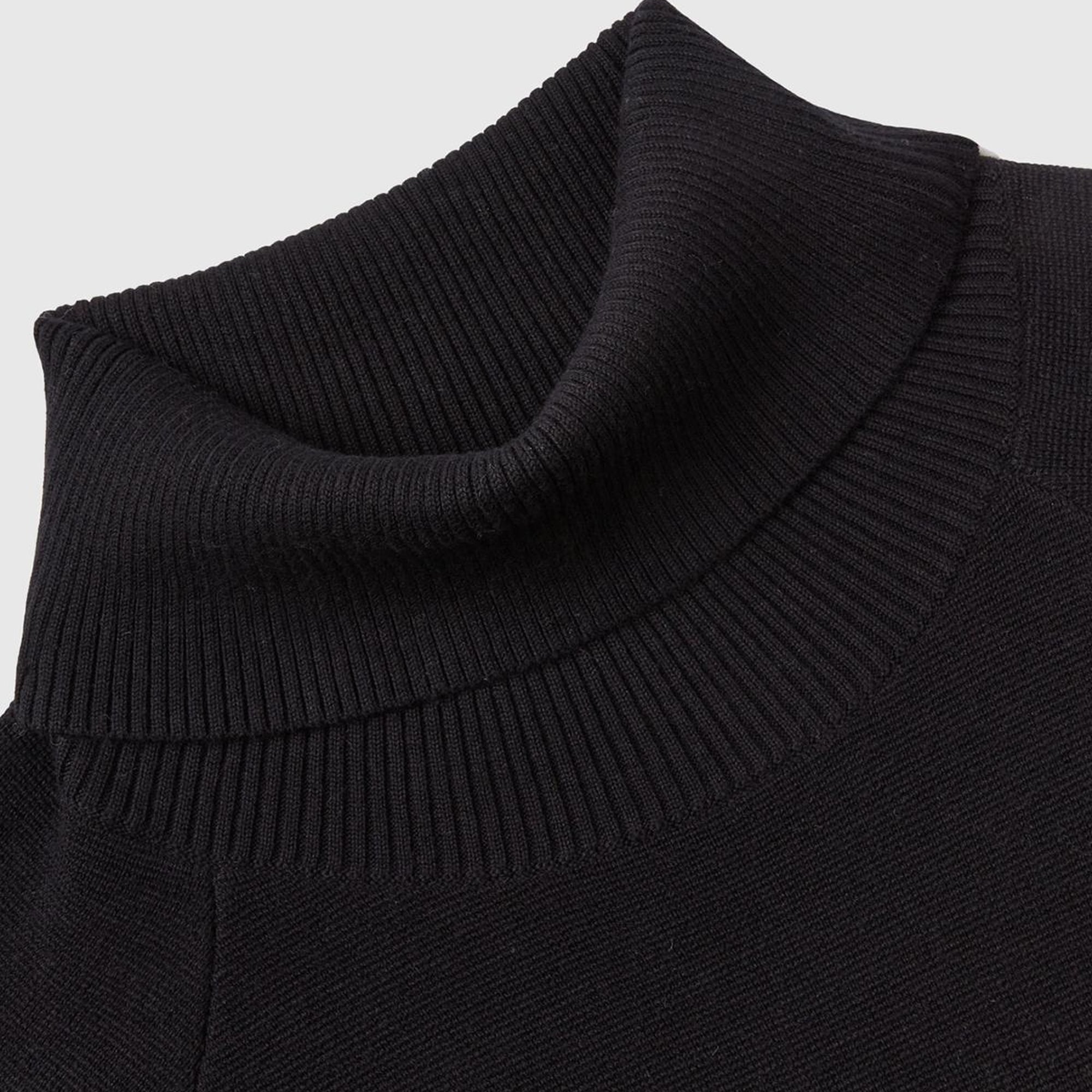 Kadın Siyah Koton Karışımlı Balıkçı Yaka Diz Midi Elbise