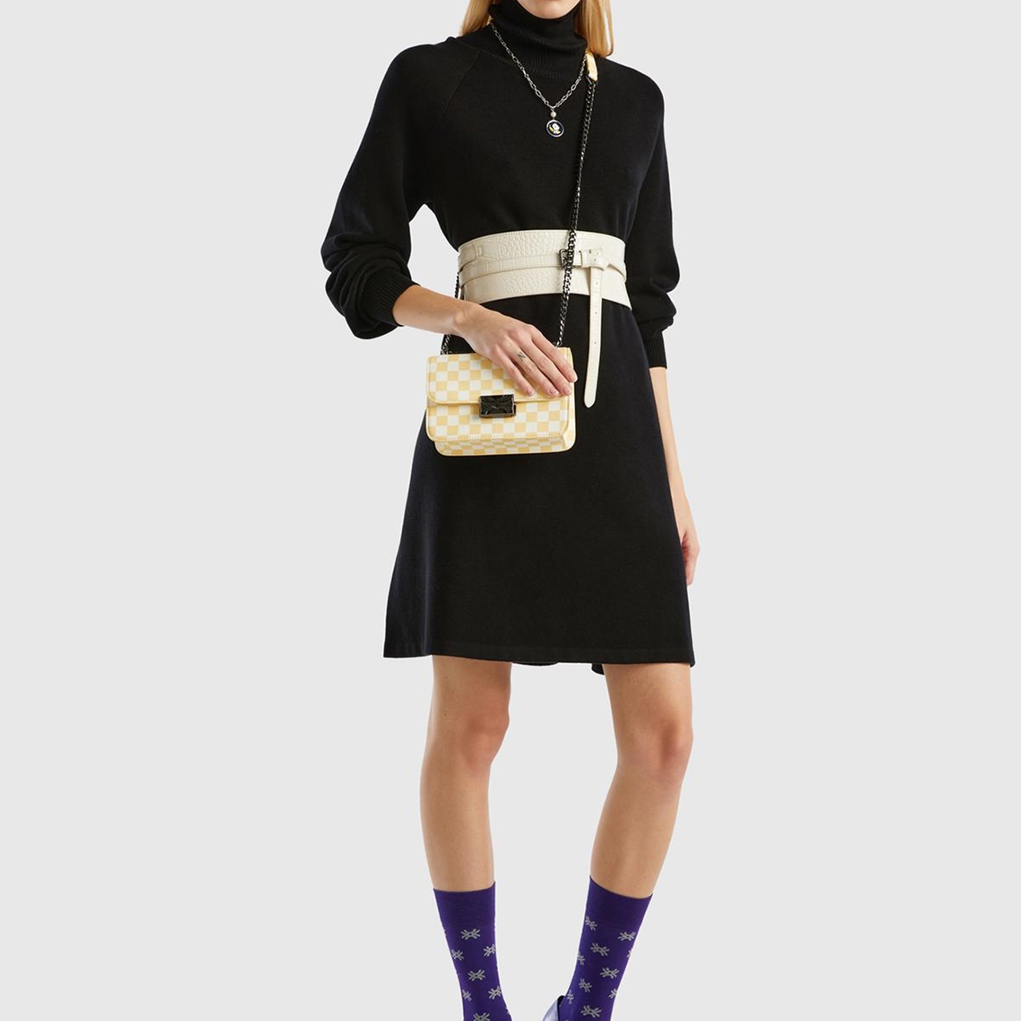 Kadın Siyah Koton Karışımlı Balıkçı Yaka Diz Midi Elbise