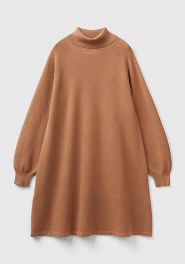  Kadın Taba Koton Karışımlı Balıkçı Yaka Diz Midi Elbise